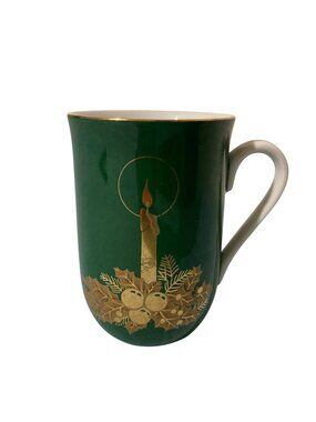 Vintage Christmas Otagiri Green Holiday Candle Mug With Gold Trim